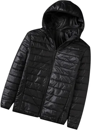 Men's Puffer Jacket Lightweight Packable Down Coat Hooded Quilted Jacket Padded Insulated Coat Thermal Outwear