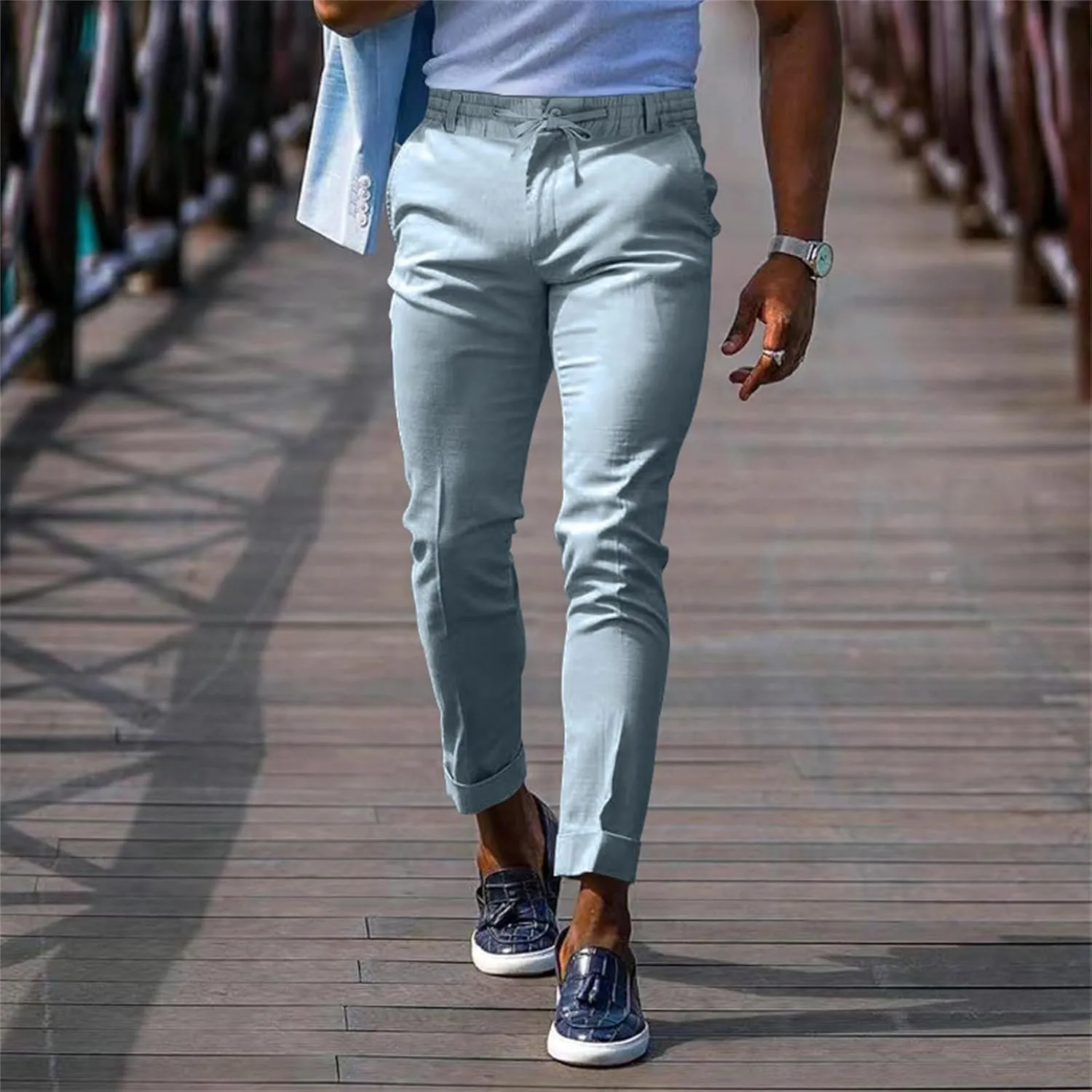 Mens Slim Fit Leisure Pants Mid Waist Soldi Color Straight Fall Fashion Hipster Trouser Dressy Casual Outdoor Versatile Pants