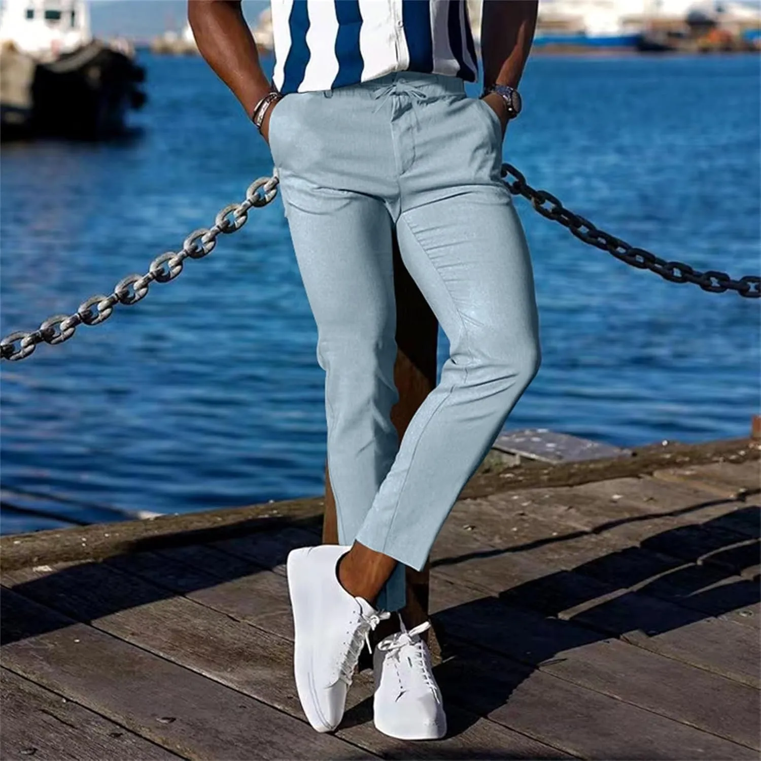 Mens Slim Fit Leisure Pants Mid Waist Soldi Color Straight Fall Fashion Hipster Trouser Dressy Casual Outdoor Versatile Pants