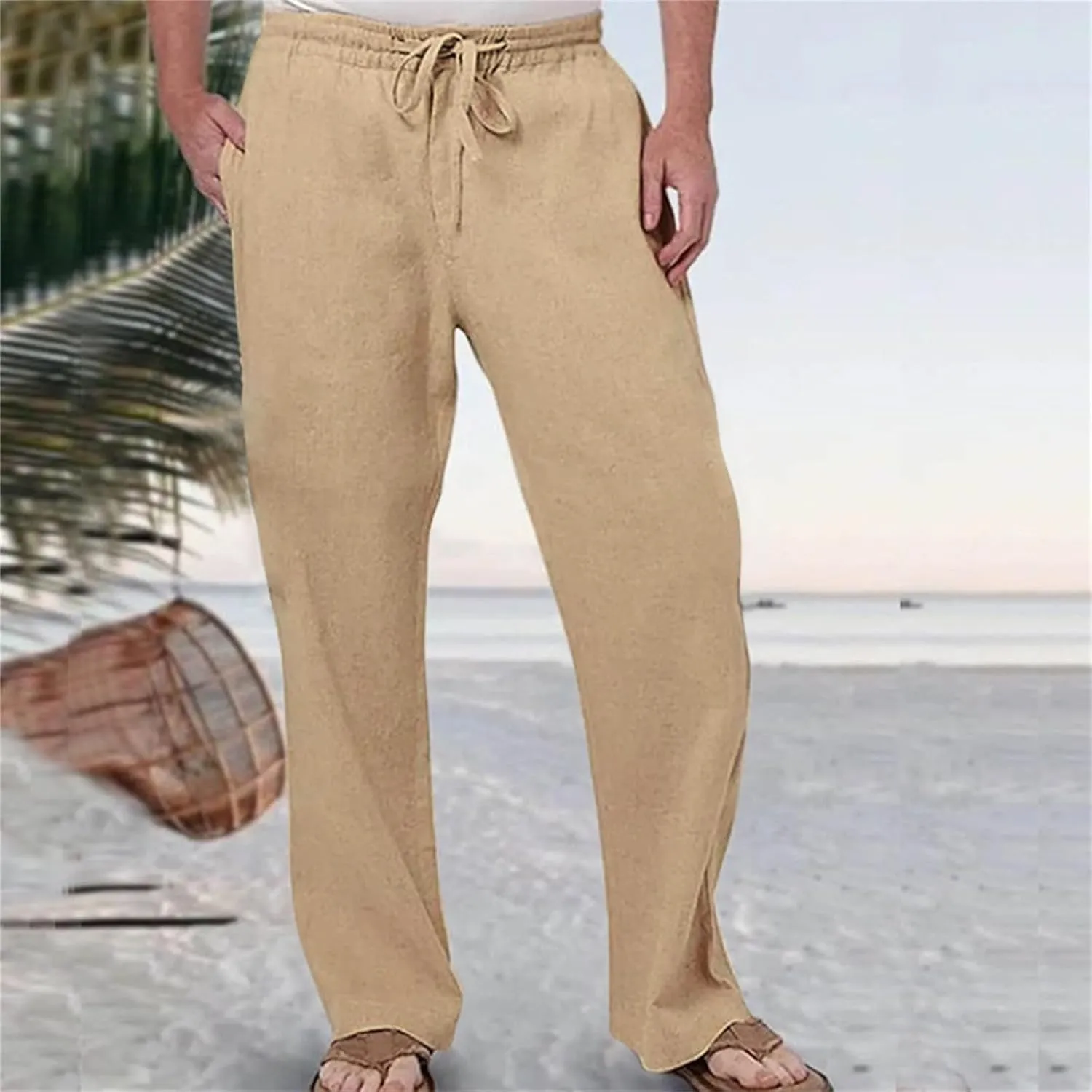 Men's Tall Open Bottom Joggers Versatile Yoga Golf Running Pants Cotton Linen Blend Straight Leg with Pockets