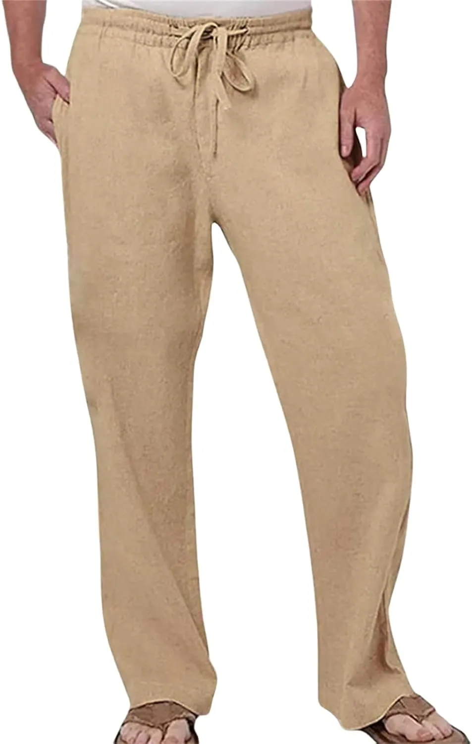 Men's Tall Open Bottom Joggers Versatile Yoga Golf Running Pants Cotton Linen Blend Straight Leg with Pockets