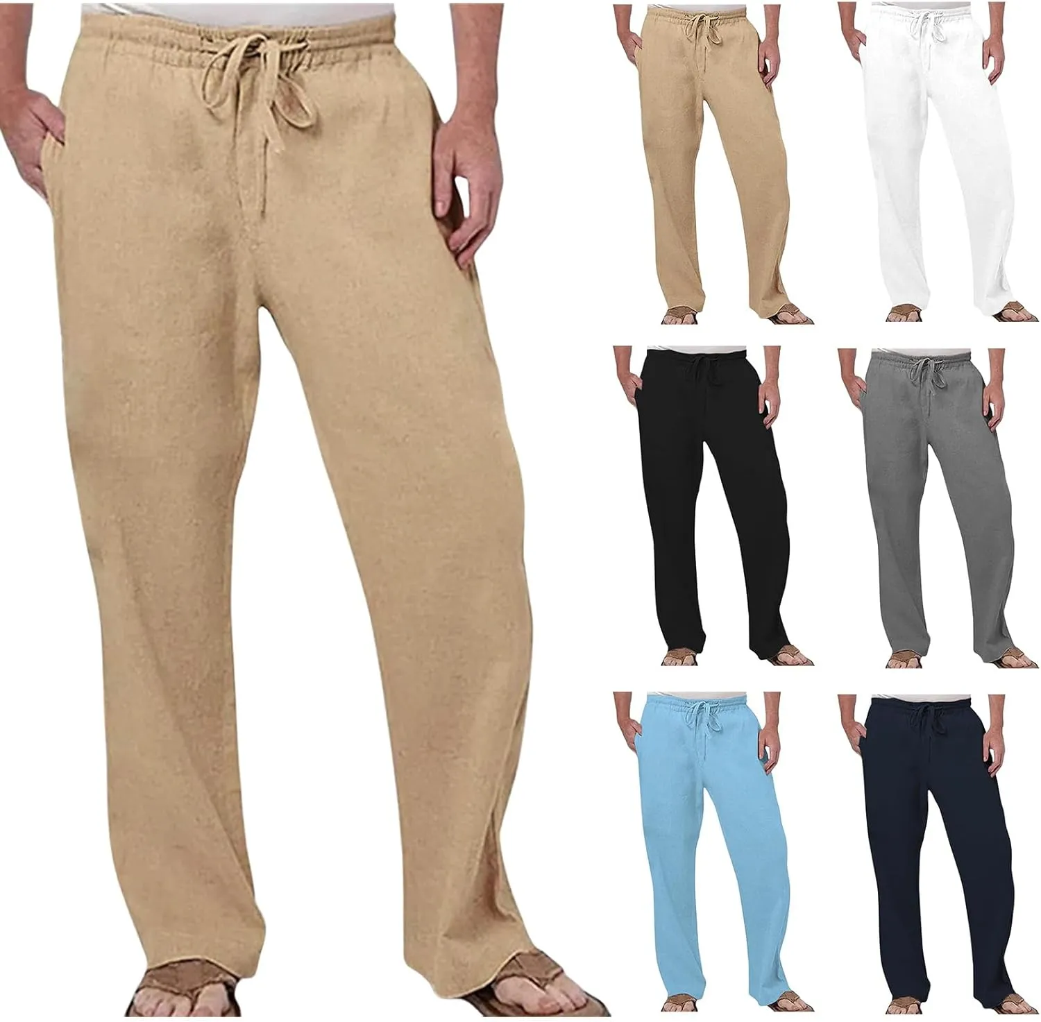Men's Tall Open Bottom Joggers Versatile Yoga Golf Running Pants Cotton Linen Blend Straight Leg with Pockets