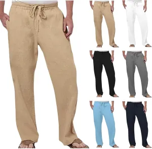 Men's Tall Open Bottom Joggers Versatile Yoga Golf Running Pants Cotton Linen Blend Straight Leg with Pockets