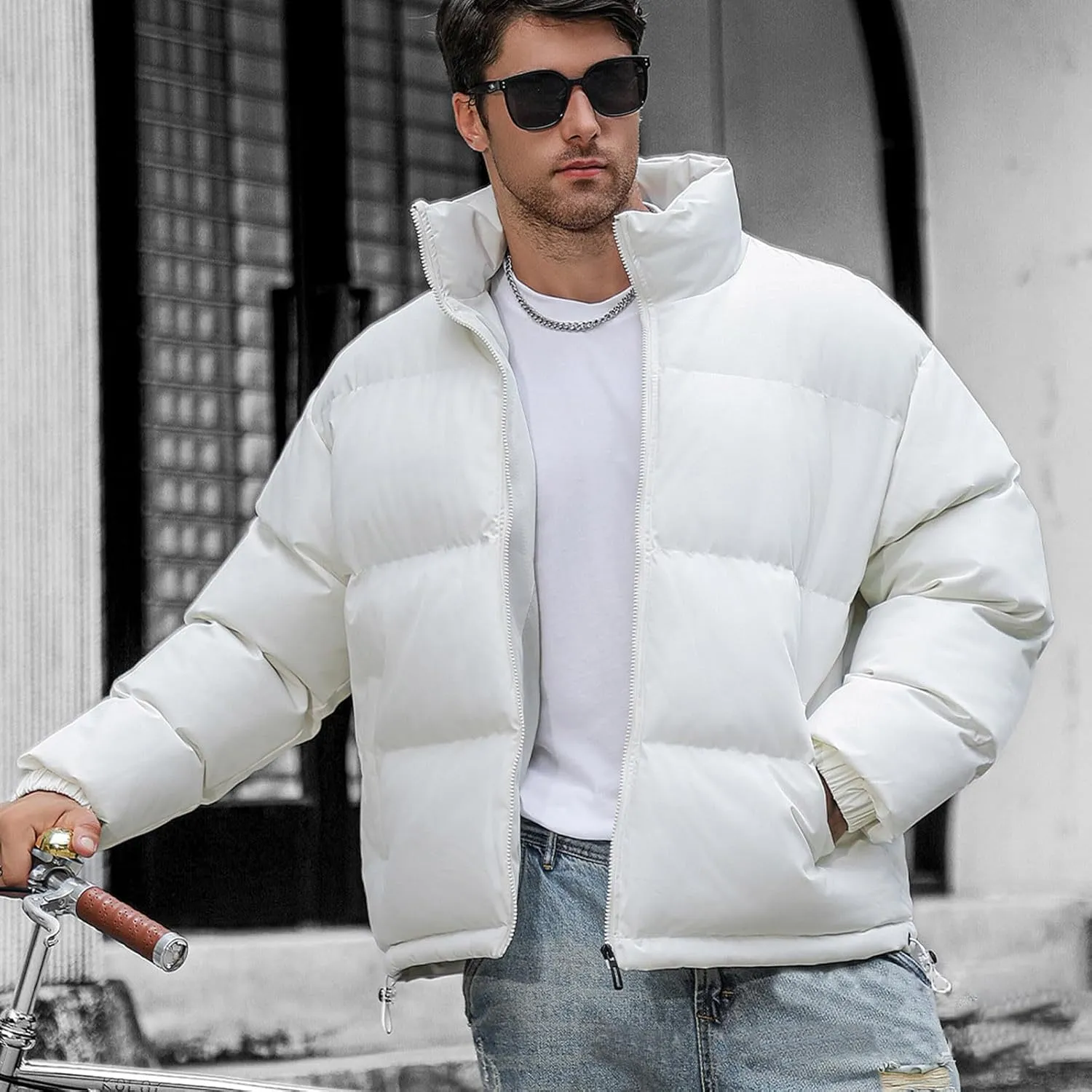Men's Winter Thicken Puffer Jacket Warm Down Coats Cotton Padded Stand Collar Outdoor Waterproof Bubble Coat