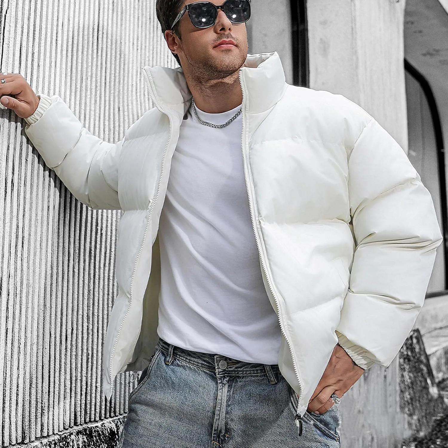 Men's Winter Thicken Puffer Jacket Warm Down Coats Cotton Padded Stand Collar Outdoor Waterproof Bubble Coat