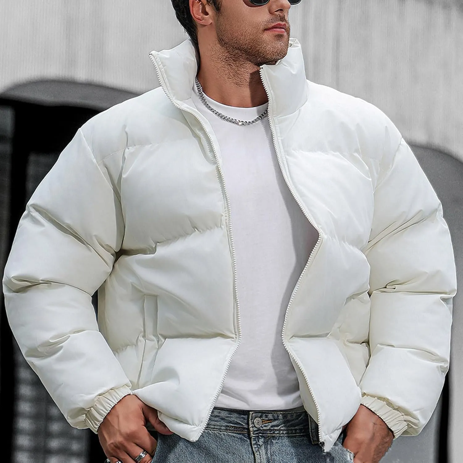 Men's Winter Thicken Puffer Jacket Warm Down Coats Cotton Padded Stand Collar Outdoor Waterproof Bubble Coat