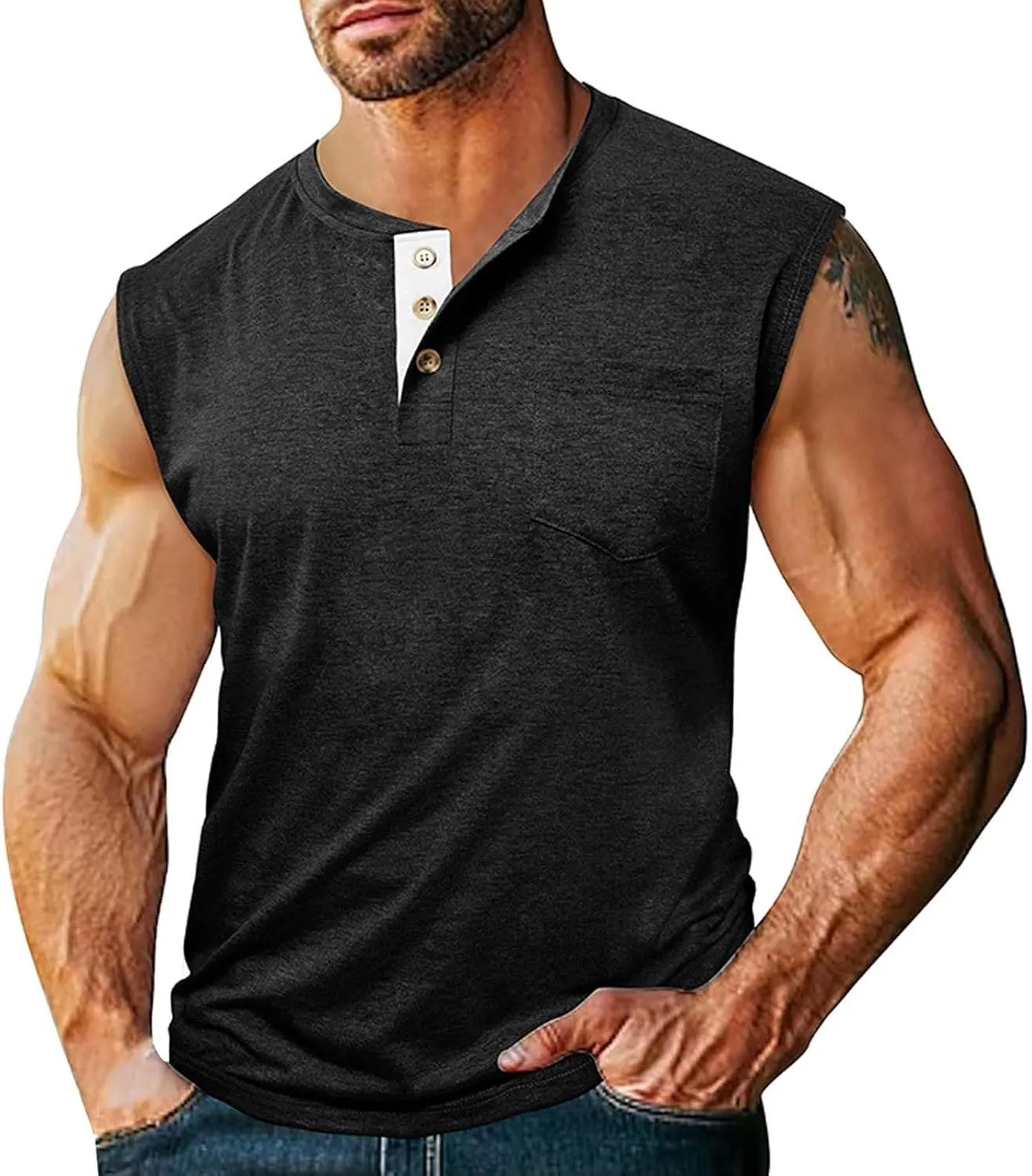 Mens Workout Tank Tops Muscle Fit Button Down Sleeveless Henley Shirt Summer Beach Basic Fitness Bodybuilding Tees