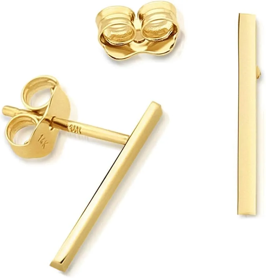 Minimalist 14k Gold Polished Stud Bar Line Stick Earrings, (15mm X 1.3mm)