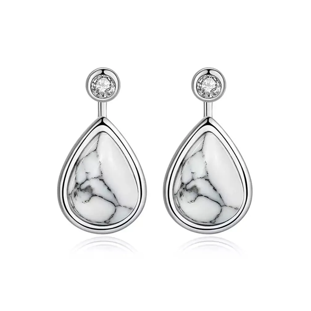 Minimalist 925 Sterling Silver Teardrop Stud Earrings with Turkish White Turquoise and Cubic Zirconia Women's Earrings Studs - Hypoallergenic Safe for Sensitive Ears - USA HANDMADE