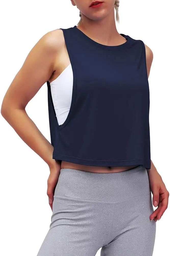 Mippo Womens Mesh Back Workout Crop Tops Loose Fit Gym Running Tank Tops