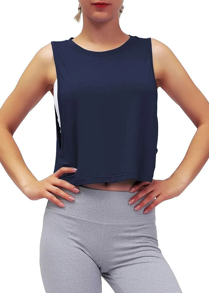 Mippo Womens Mesh Back Workout Crop Tops Loose Fit Gym Running Tank Tops