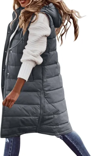 Mmoneyake Long Puffer Vest Women Oversized Long Down Vest Zip Up Sleeveless Hoodies Thickened Winter Warm Jacket with Pocket