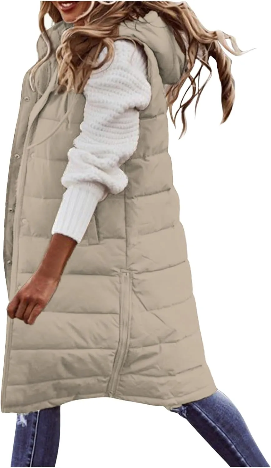 Mmoneyake Long Puffer Vest Women Oversized Long Down Vest Zip Up Sleeveless Hoodies Thickened Winter Warm Jacket with Pocket
