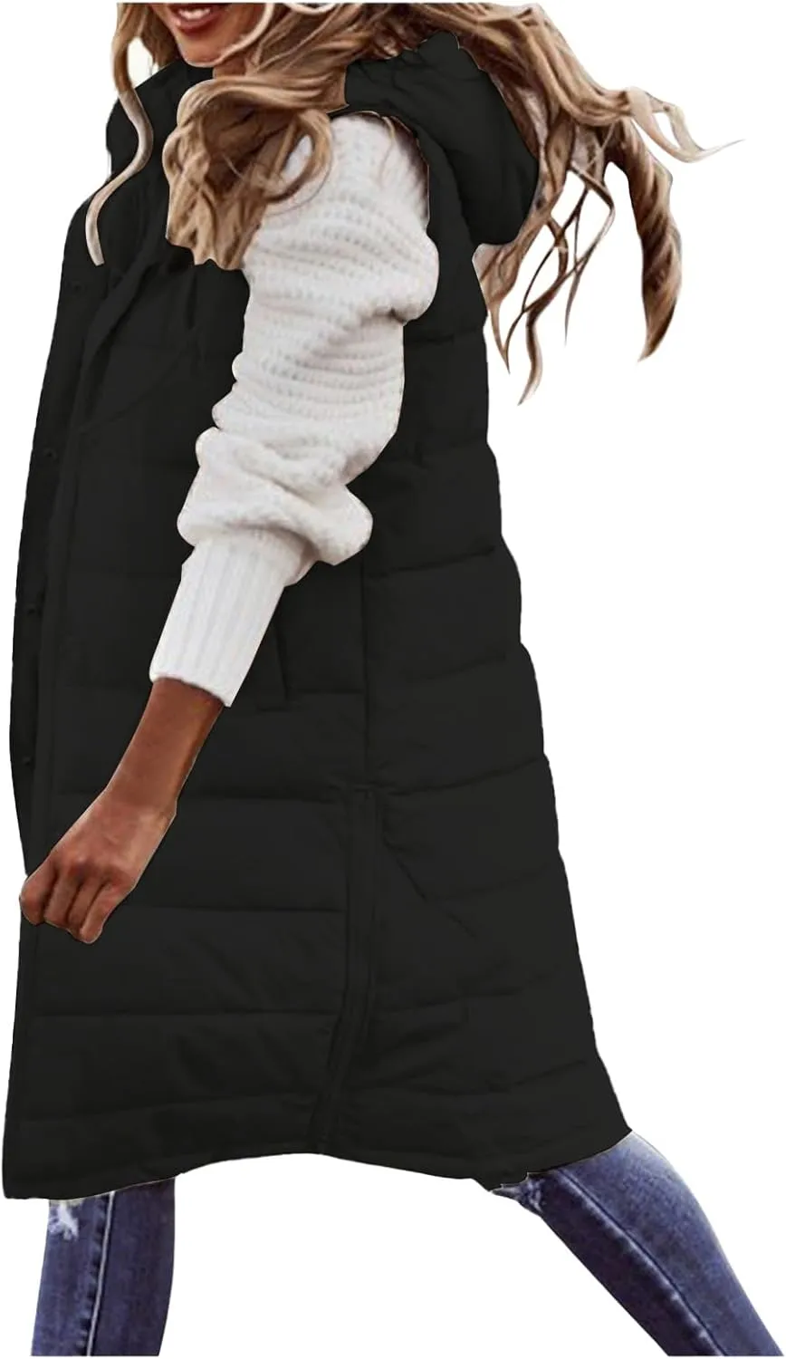 Mmoneyake Long Puffer Vest Women Oversized Long Down Vest Zip Up Sleeveless Hoodies Thickened Winter Warm Jacket with Pocket