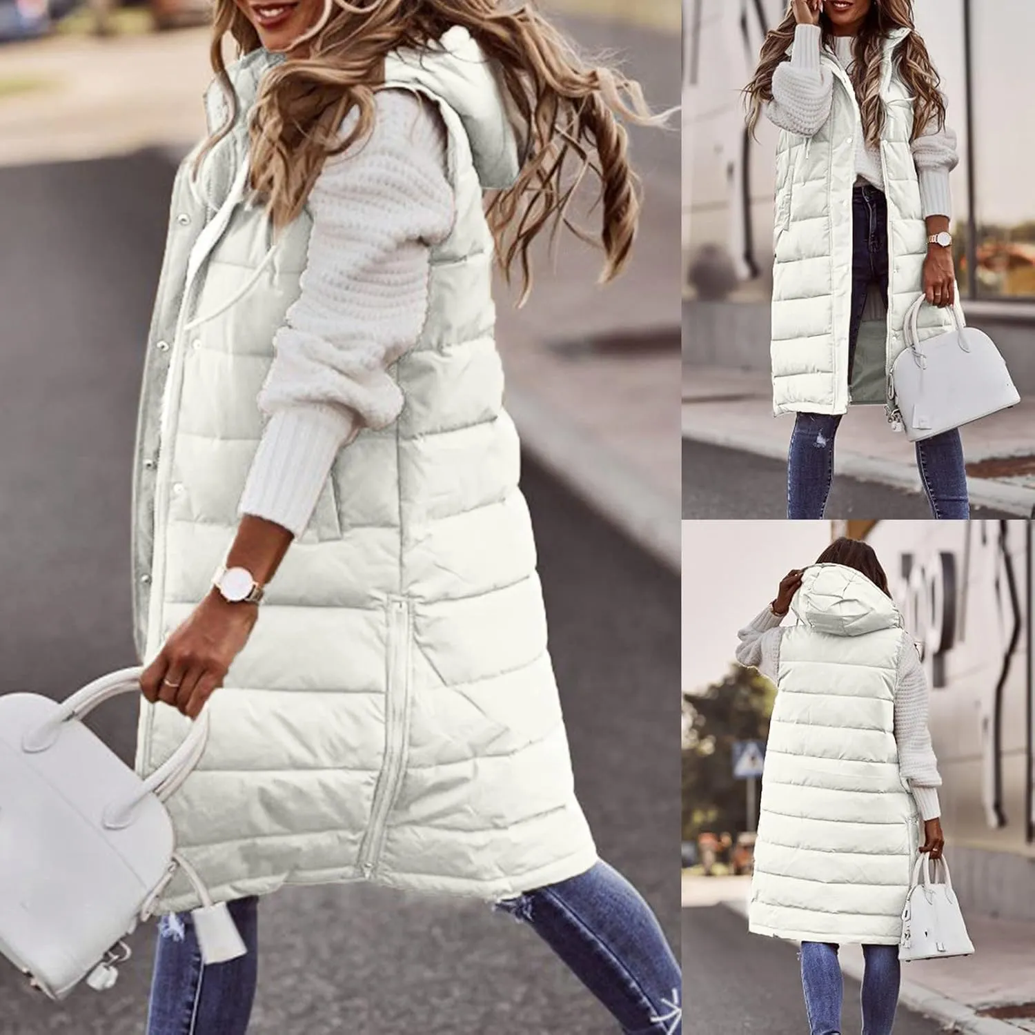 Mmoneyake Long Puffer Vest Women Oversized Long Down Vest Zip Up Sleeveless Hoodies Thickened Winter Warm Jacket with Pocket