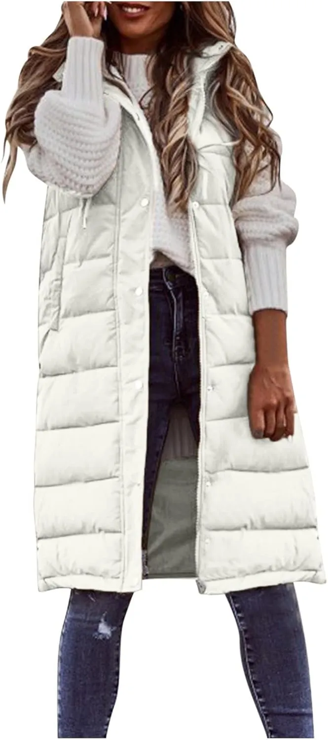 Mmoneyake Long Puffer Vest Women Oversized Long Down Vest Zip Up Sleeveless Hoodies Thickened Winter Warm Jacket with Pocket