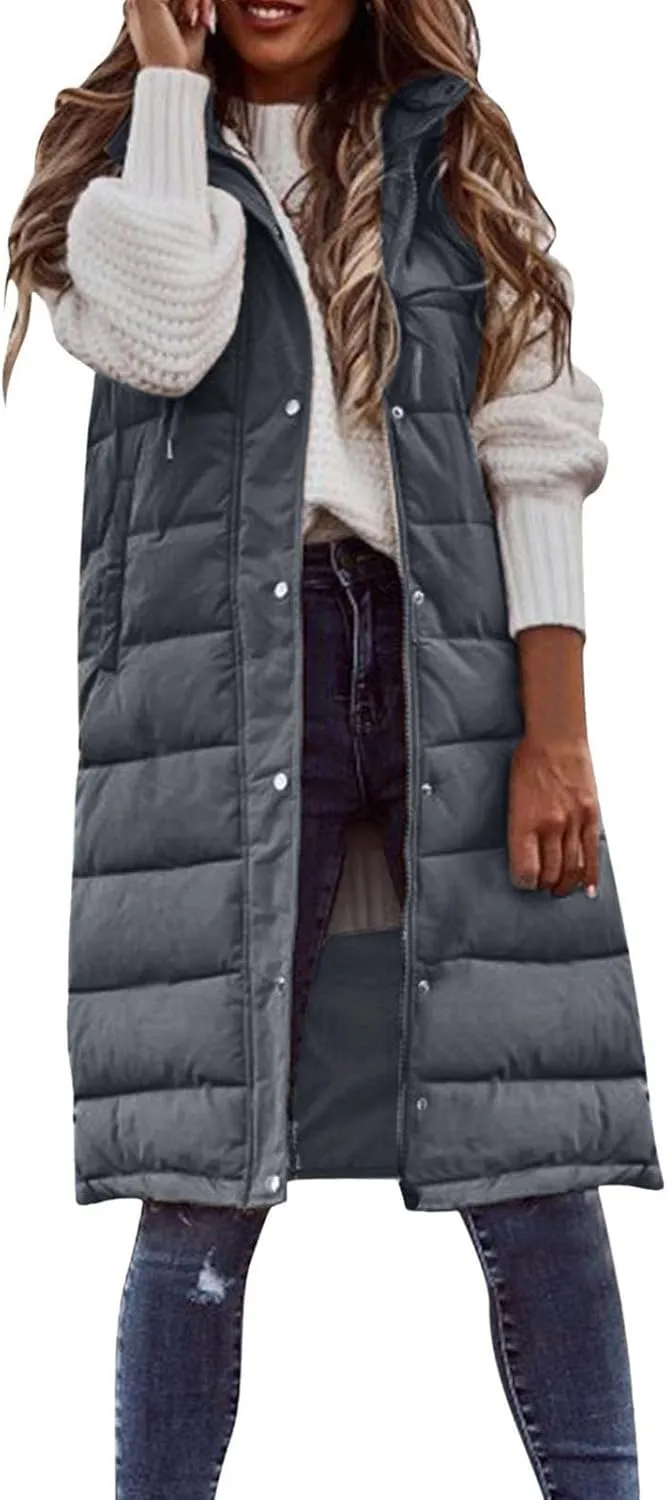 Mmoneyake Long Puffer Vest Women Oversized Long Down Vest Zip Up Sleeveless Hoodies Thickened Winter Warm Jacket with Pocket