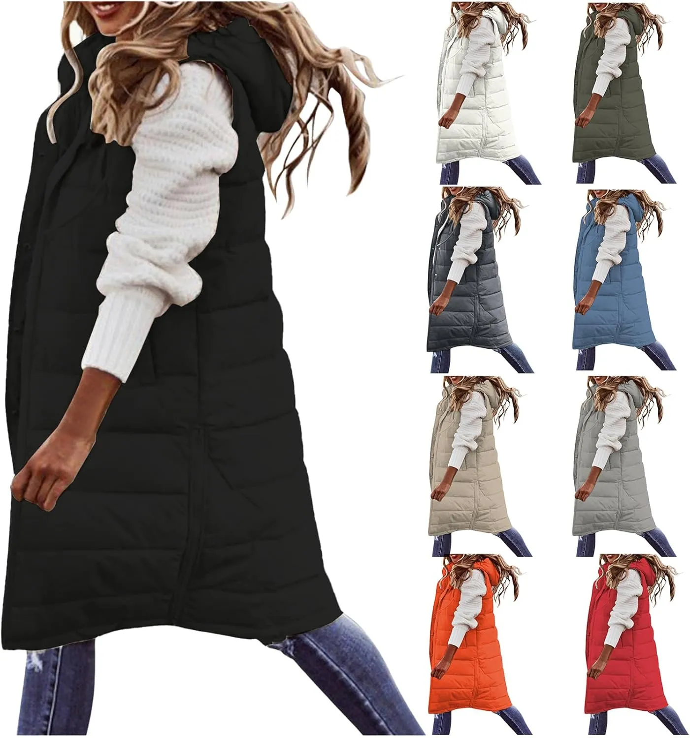 Mmoneyake Long Puffer Vest Women Oversized Long Down Vest Zip Up Sleeveless Hoodies Thickened Winter Warm Jacket with Pocket