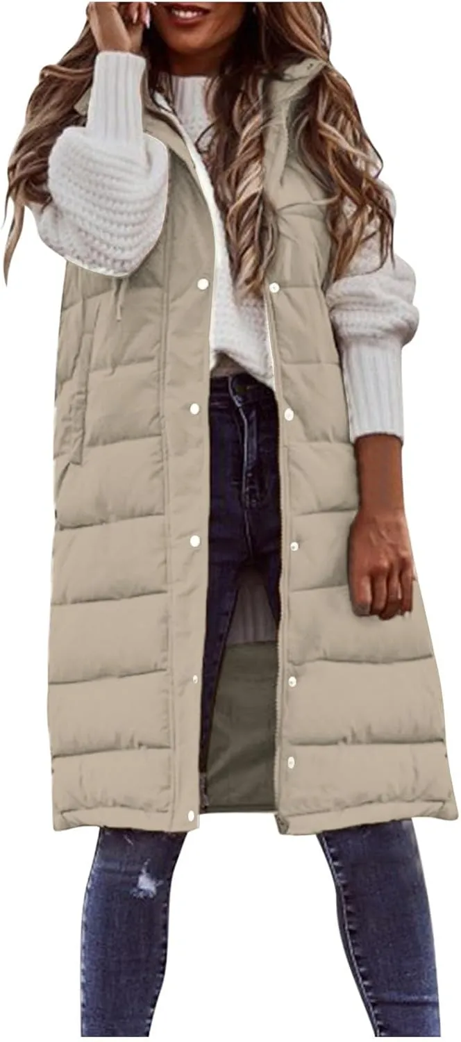 Mmoneyake Long Puffer Vest Women Oversized Long Down Vest Zip Up Sleeveless Hoodies Thickened Winter Warm Jacket with Pocket