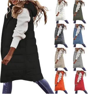 Mmoneyake Long Puffer Vest Women Oversized Long Down Vest Zip Up Sleeveless Hoodies Thickened Winter Warm Jacket with Pocket