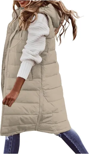 Mmoneyake Long Puffer Vest Women Oversized Long Down Vest Zip Up Sleeveless Hoodies Thickened Winter Warm Jacket with Pocket