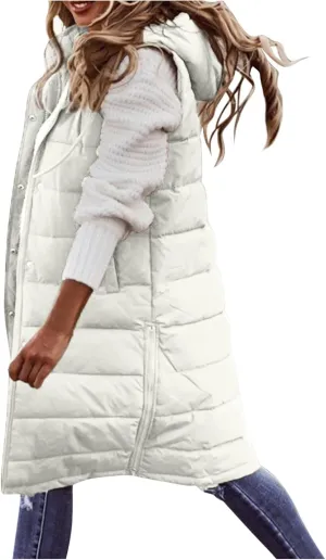 Mmoneyake Long Puffer Vest Women Oversized Long Down Vest Zip Up Sleeveless Hoodies Thickened Winter Warm Jacket with Pocket