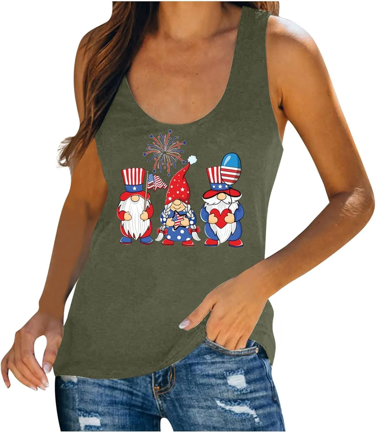 Mzkdieey 4th of July Tank Tops for Women Cute Gnomes Print Patriotic Shirt American Flag T-Shirt Crewneck Sleeveless Tee Top