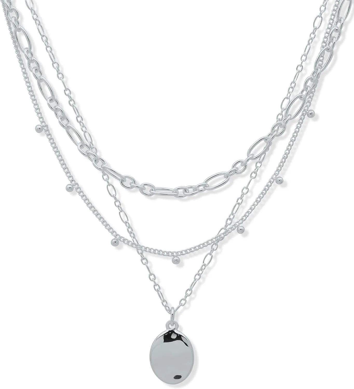 Nine West Silver Tone Multi Row Necklace in 17/18/19" With Silver Accent Pendant