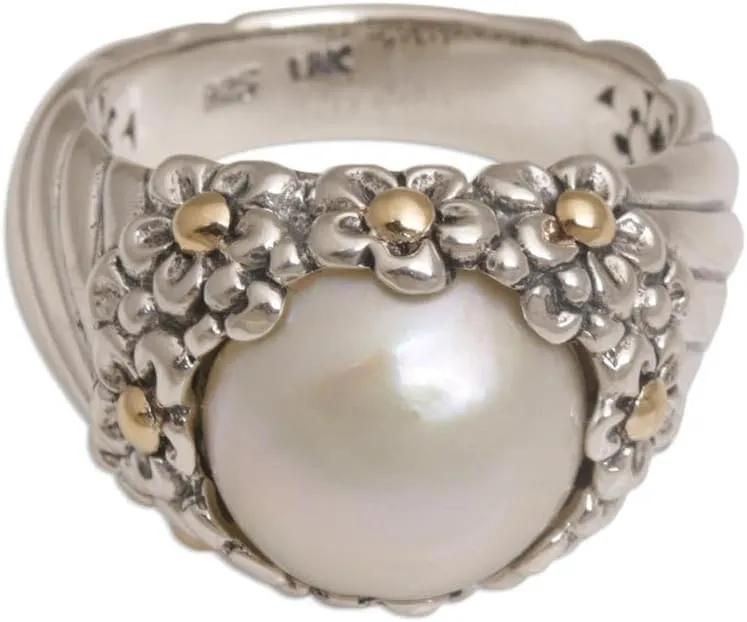 NOVICA Artisan Handmade Cultured Freshwater Pearl Gold Accent Cocktail Ring with Floral Motifs .925 Sterling Silver White Indonesia Gemstone Birthstone 'Daisy Glow'