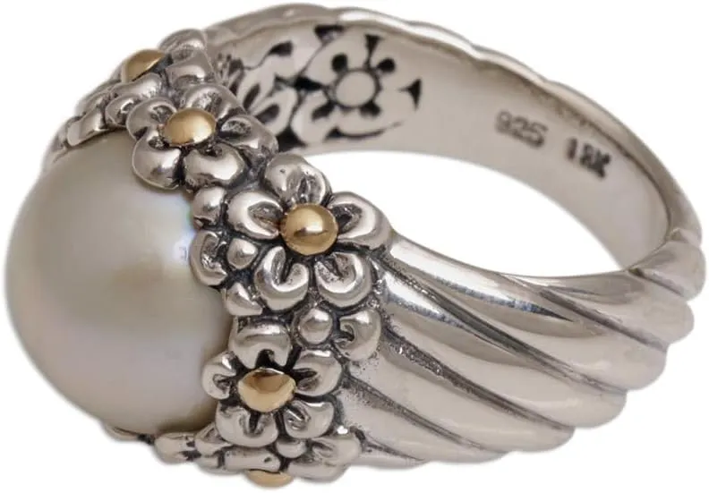 NOVICA Artisan Handmade Cultured Freshwater Pearl Gold Accent Cocktail Ring with Floral Motifs .925 Sterling Silver White Indonesia Gemstone Birthstone 'Daisy Glow'