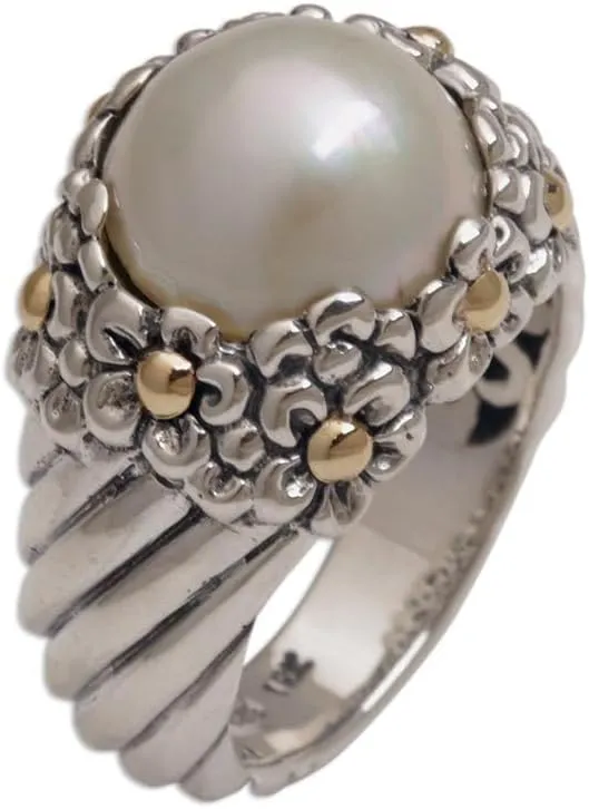 NOVICA Artisan Handmade Cultured Freshwater Pearl Gold Accent Cocktail Ring with Floral Motifs .925 Sterling Silver White Indonesia Gemstone Birthstone 'Daisy Glow'