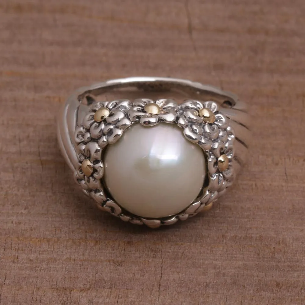 NOVICA Artisan Handmade Cultured Freshwater Pearl Gold Accent Cocktail Ring with Floral Motifs .925 Sterling Silver White Indonesia Gemstone Birthstone 'Daisy Glow'