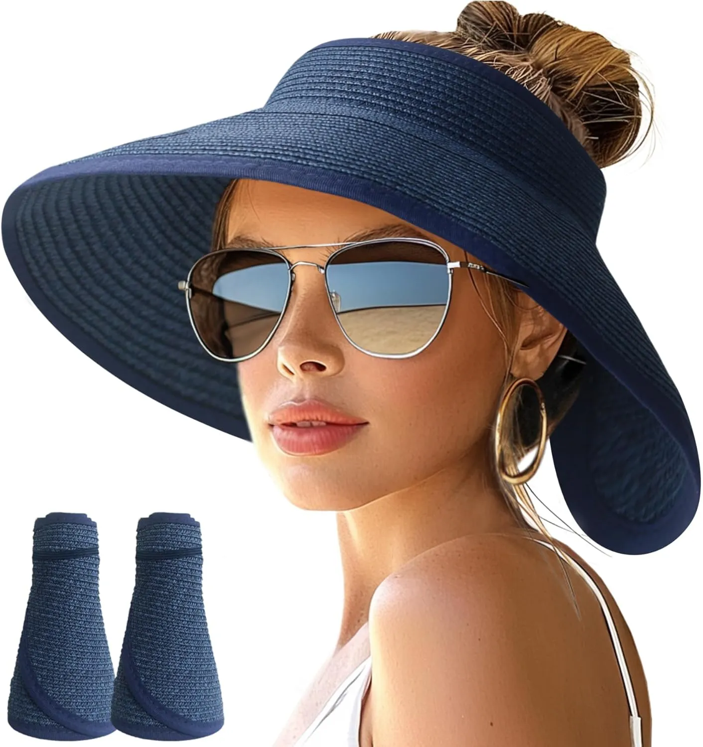 NPJY Sun Hats for Women Wide Brim Roll-Up Beach Ponytail Hat Packable Foldable Travel Straw Visor