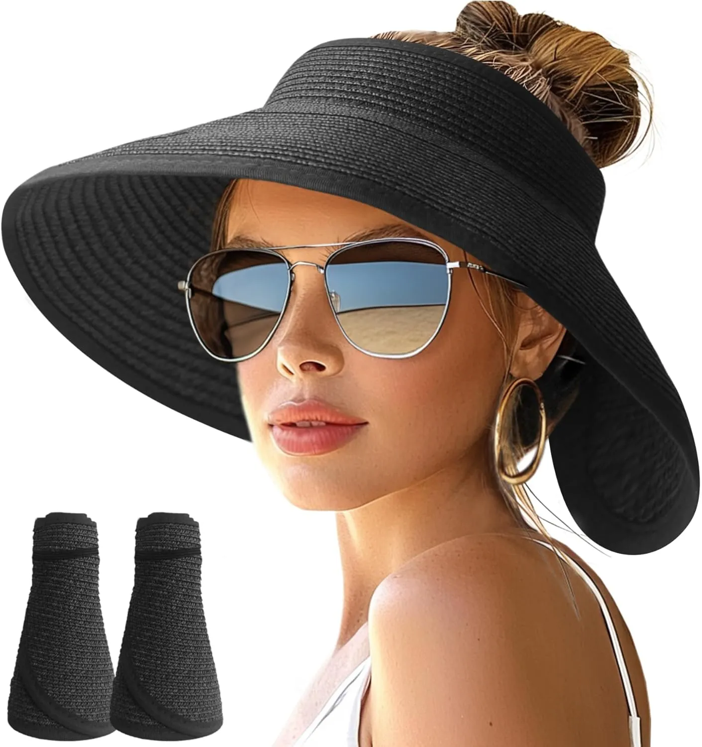 NPJY Sun Hats for Women Wide Brim Roll-Up Beach Ponytail Hat Packable Foldable Travel Straw Visor