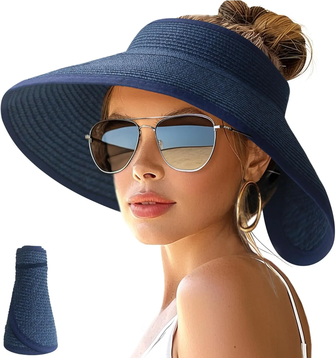 NPJY Sun Hats for Women Wide Brim Roll-Up Beach Ponytail Hat Packable Foldable Travel Straw Visor