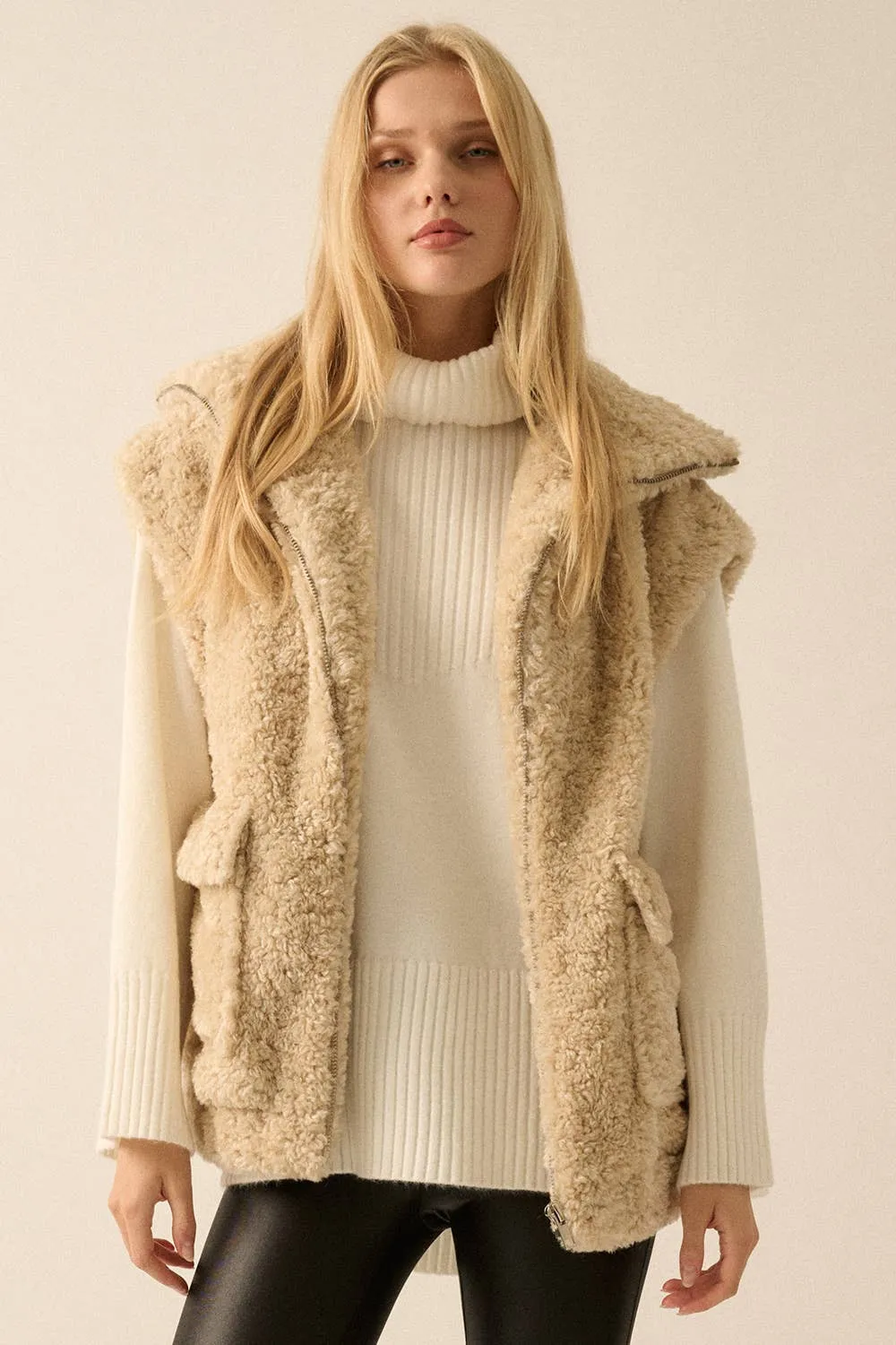 Oatmeal Solid Faux Fur Zip-Up Pocket Vest