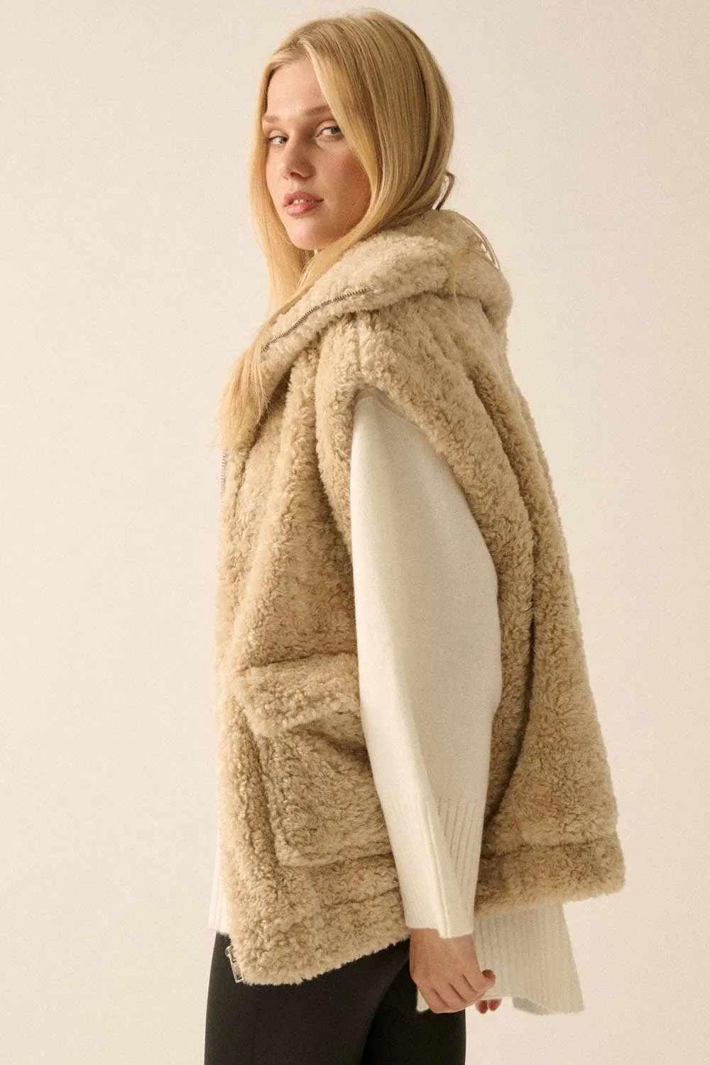 Oatmeal Solid Faux Fur Zip-Up Pocket Vest