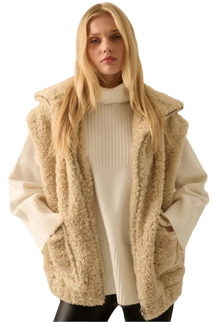 Oatmeal Solid Faux Fur Zip-Up Pocket Vest