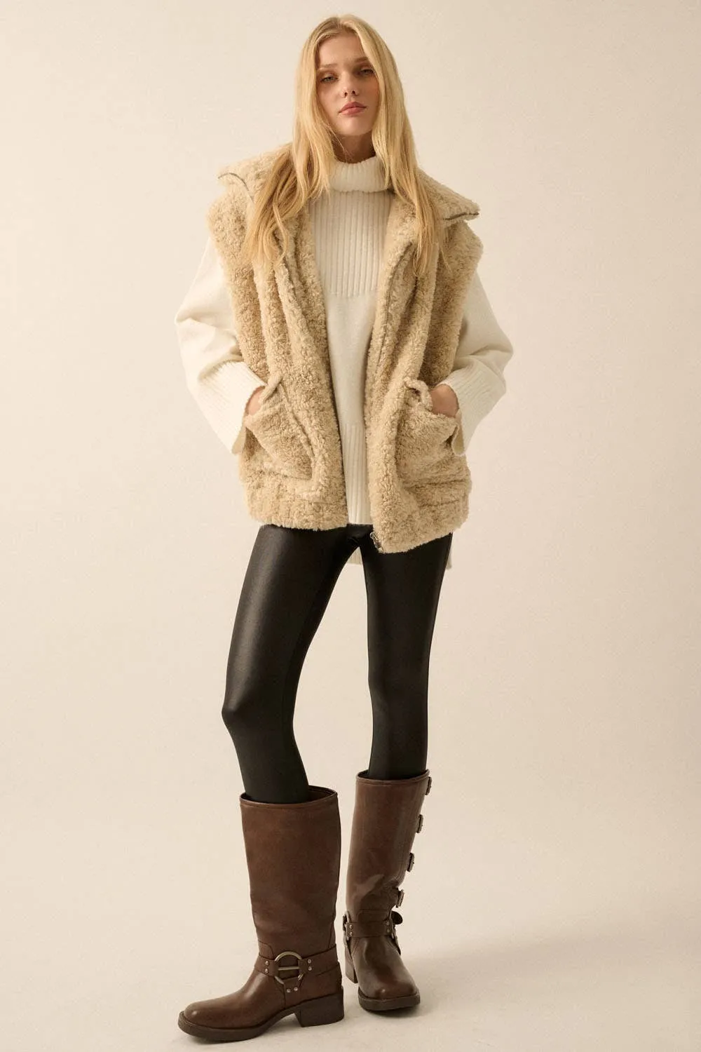 Oatmeal Solid Faux Fur Zip-Up Pocket Vest