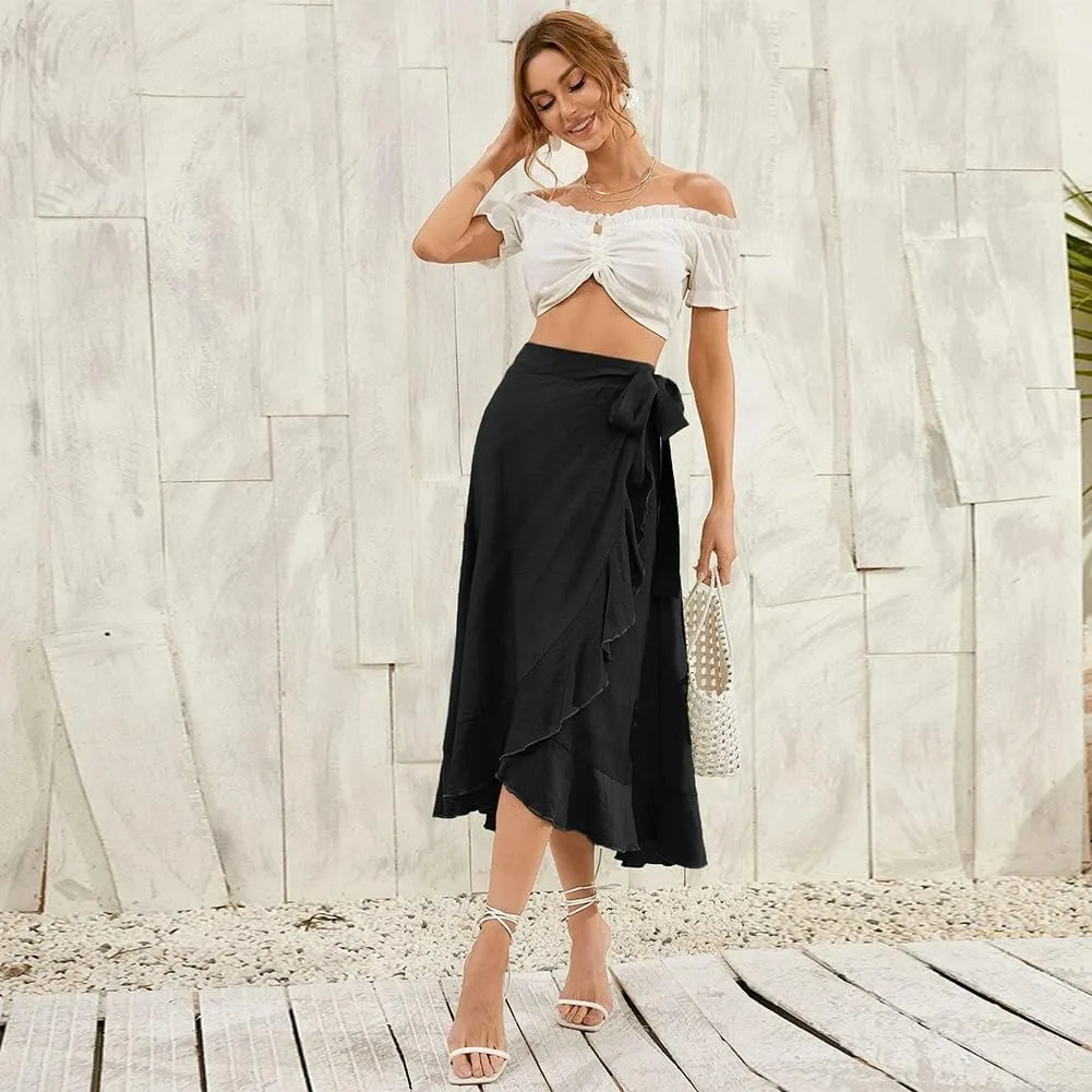 ODIZLI Women's Wrap Skirt High Waist Irregular High-Low Hemline Tie Waist Ruffle A-line Midi Skirt