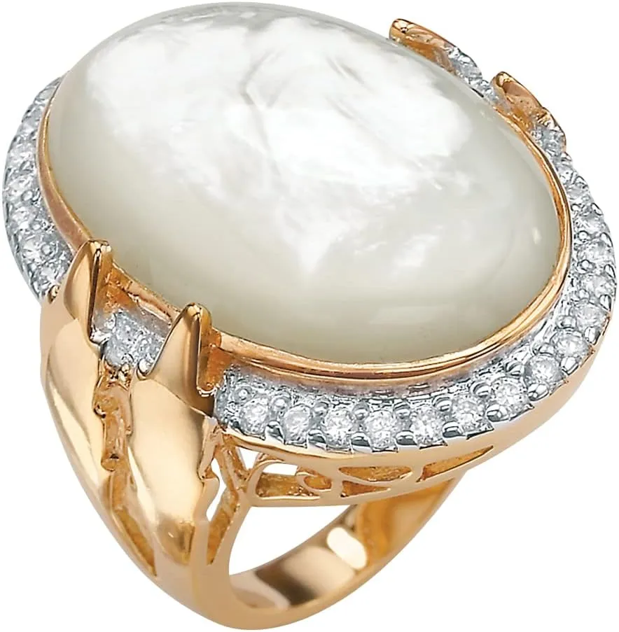 PalmBeach Yellow Gold-plated Oval Shaped Genuine Mother of Pearl and Round Cubic Zirconia Bezel Set Ring Sizes 7-12