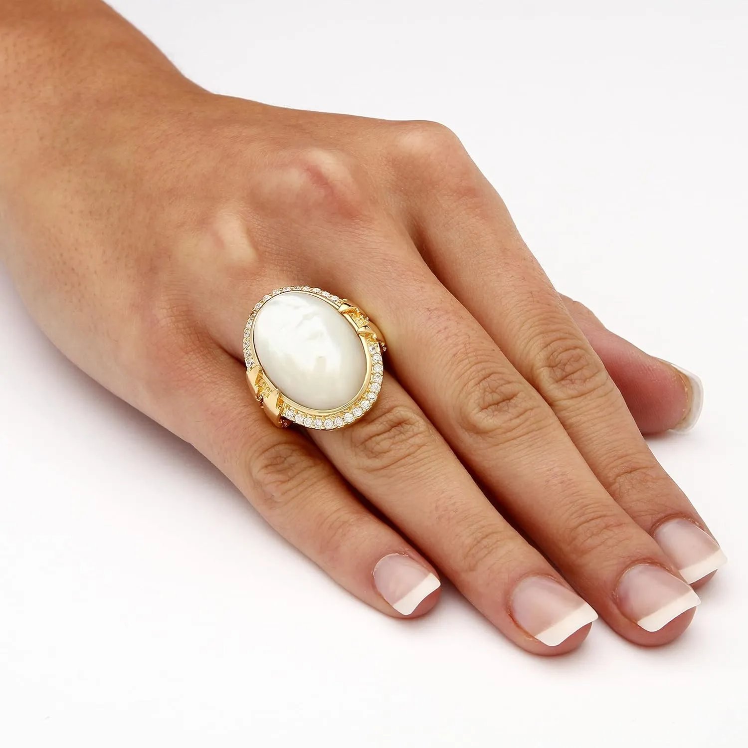 PalmBeach Yellow Gold-plated Oval Shaped Genuine Mother of Pearl and Round Cubic Zirconia Bezel Set Ring Sizes 7-12