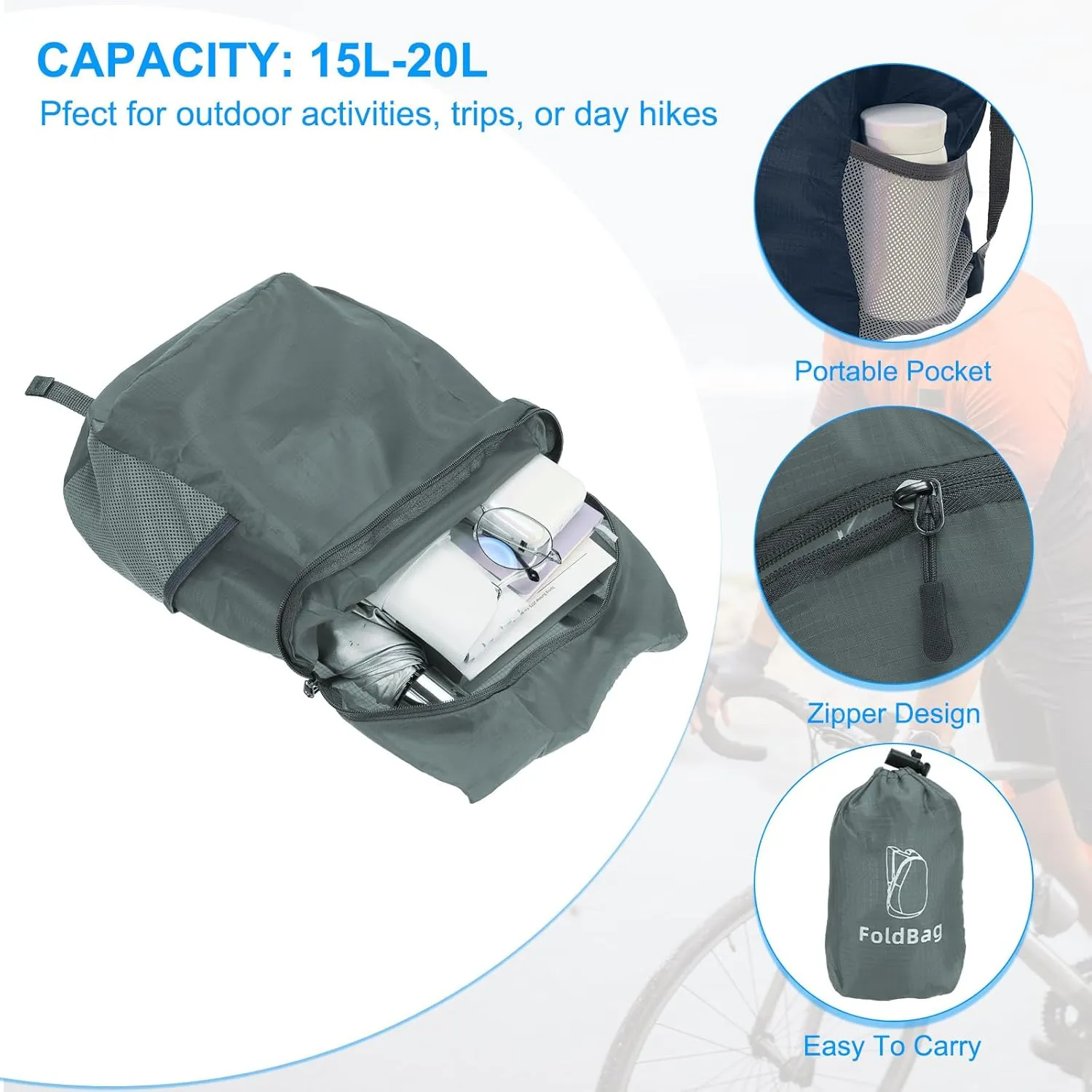 PATIKIL Hiking Backpack, 15L-20L Packable Lightweight Backpack Daypack Small Foldable Outdoor Camping Cycling Backpacking Shoulder Bag, Grey