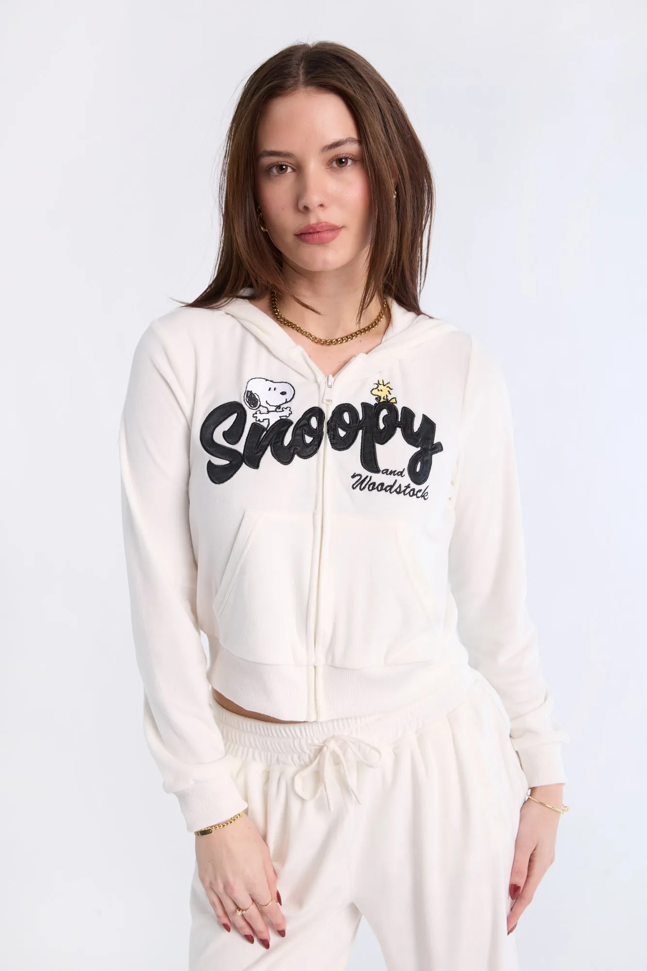 Peanuts Snoopy & Woodstock Rhinestones Velour Zip-Up Hoodie And Sweatpants 2-Piece Set