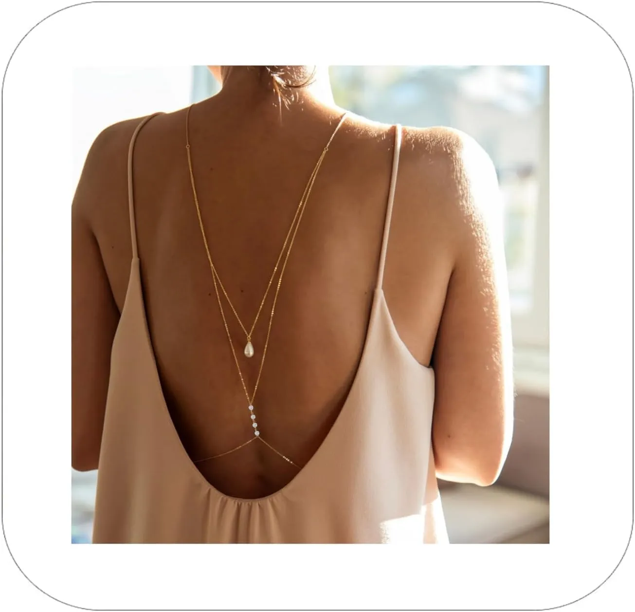 Pearl Back Chain Necklace for Women, Gold Y-Shape Body Chain for Backless Dress, 18.1 inch Length