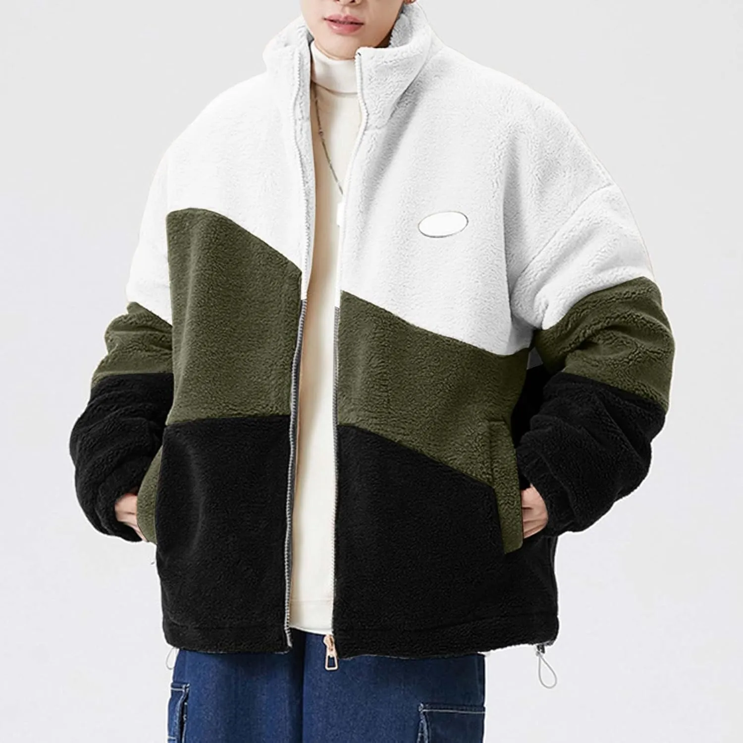 peqiut Winter Jacket For Men Cotton Padded Zipper Warm Fall Winter Hoodless Coats Patchwork Color Jacket Comfort