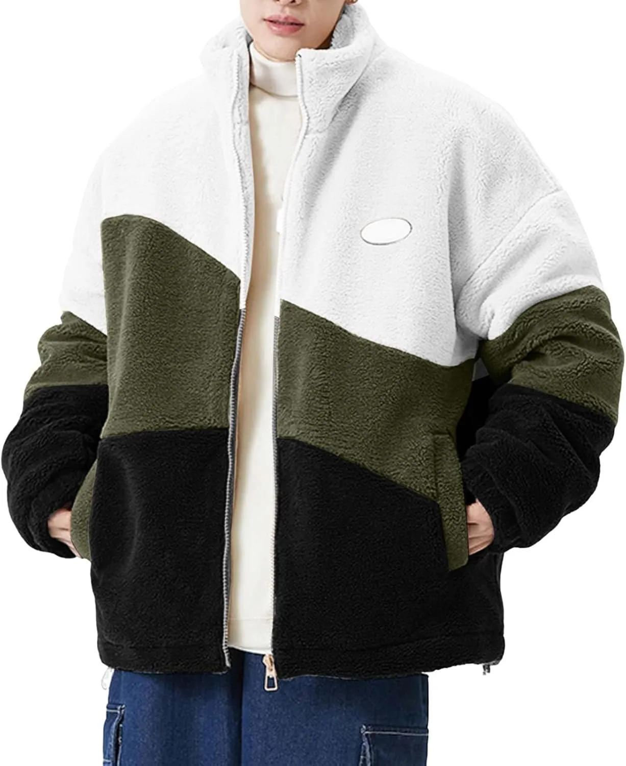 peqiut Winter Jacket For Men Cotton Padded Zipper Warm Fall Winter Hoodless Coats Patchwork Color Jacket Comfort