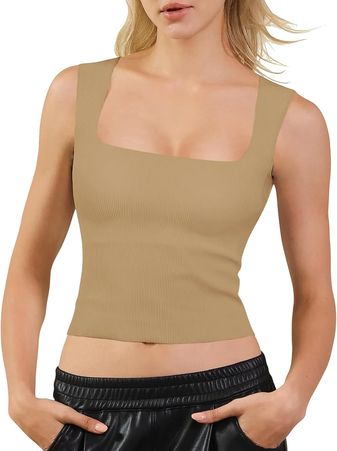 PINKSAVIOR Women Square Neck Crop Tops Trendy Tank Tops with Built in Bras Seamless Sleeveless Summer Tank Tops 2024