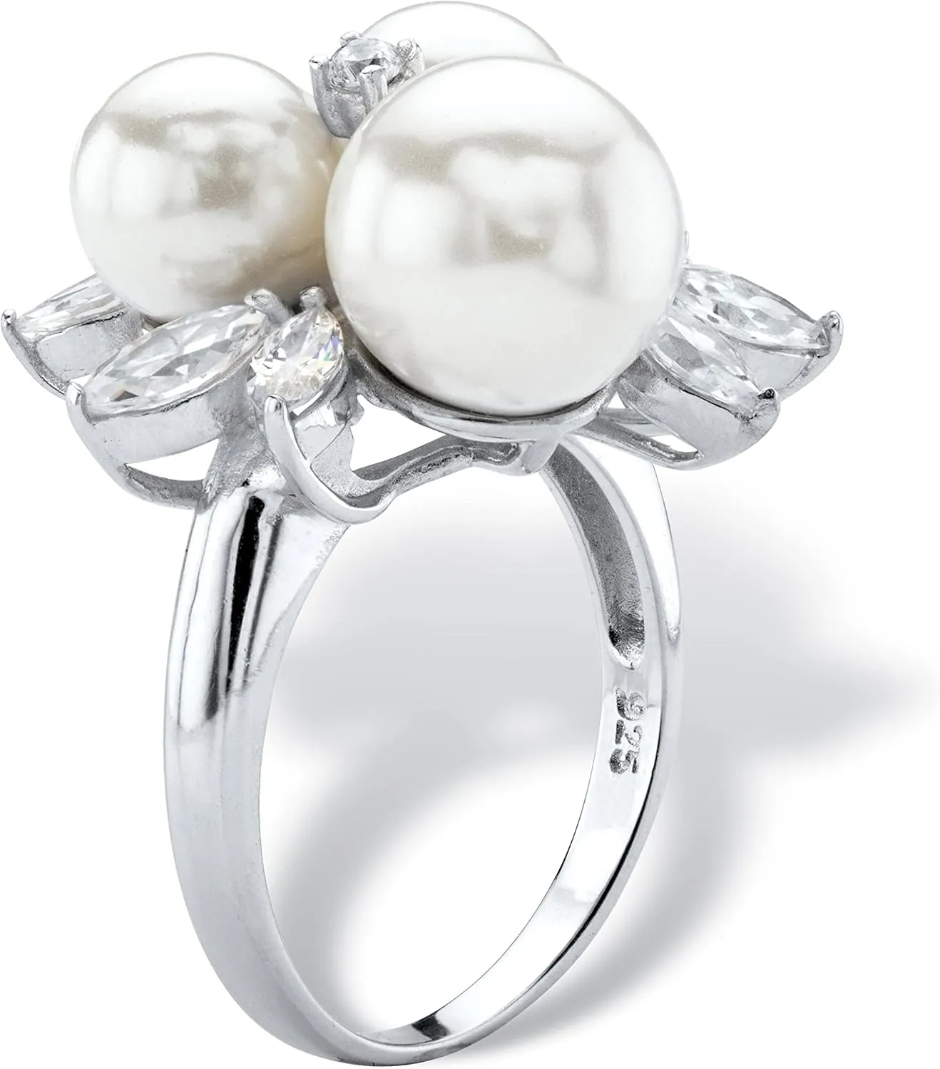 Platinum over Sterling Silver Round Simulated Pearl and Cubic Zirconia Ring
