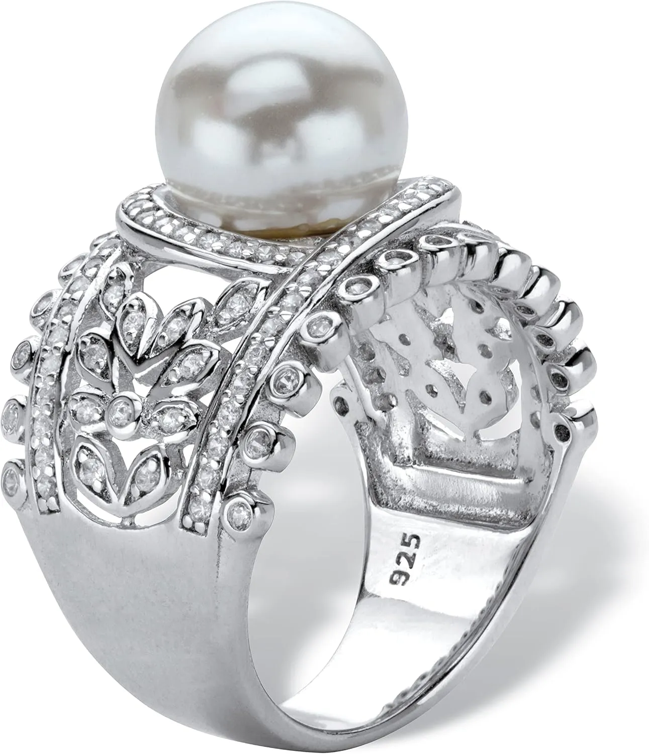 Platinum over Sterling Silver Simulated Pearl and Cubic Zirconia Floral Scalloped Ring